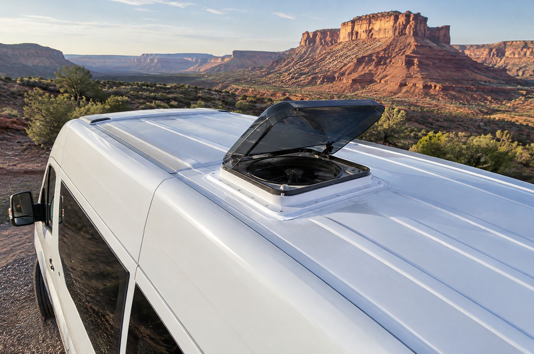 Roof fan installed on a high-roof van