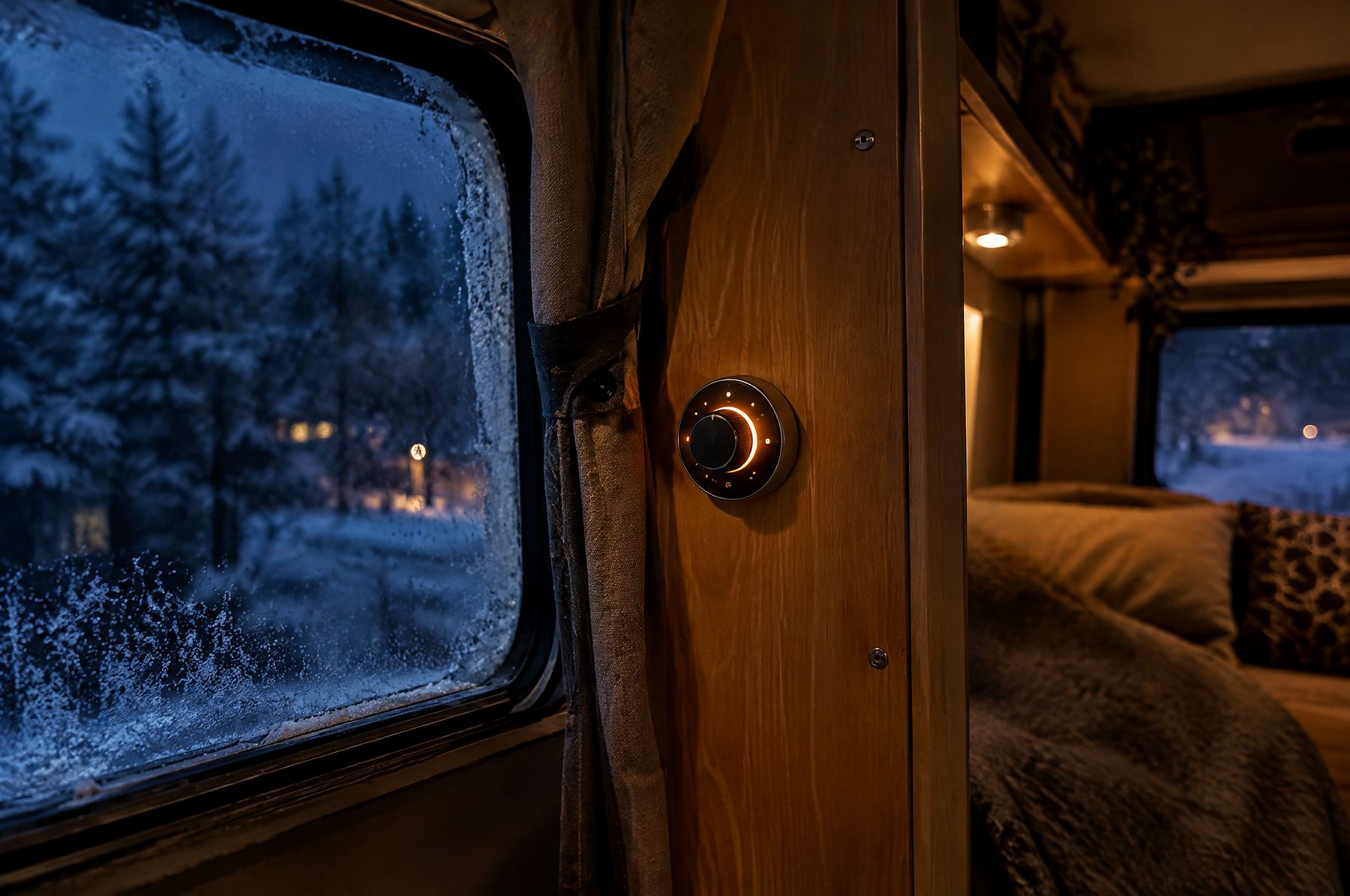 Heater controller on a wall panel on a cold night