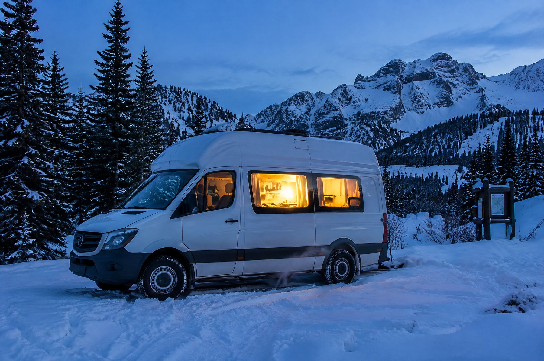 Van warm inside at a snowy trailhead
