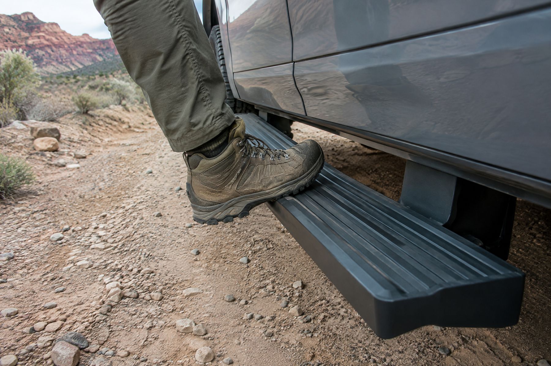 Running board step under the sliding door
