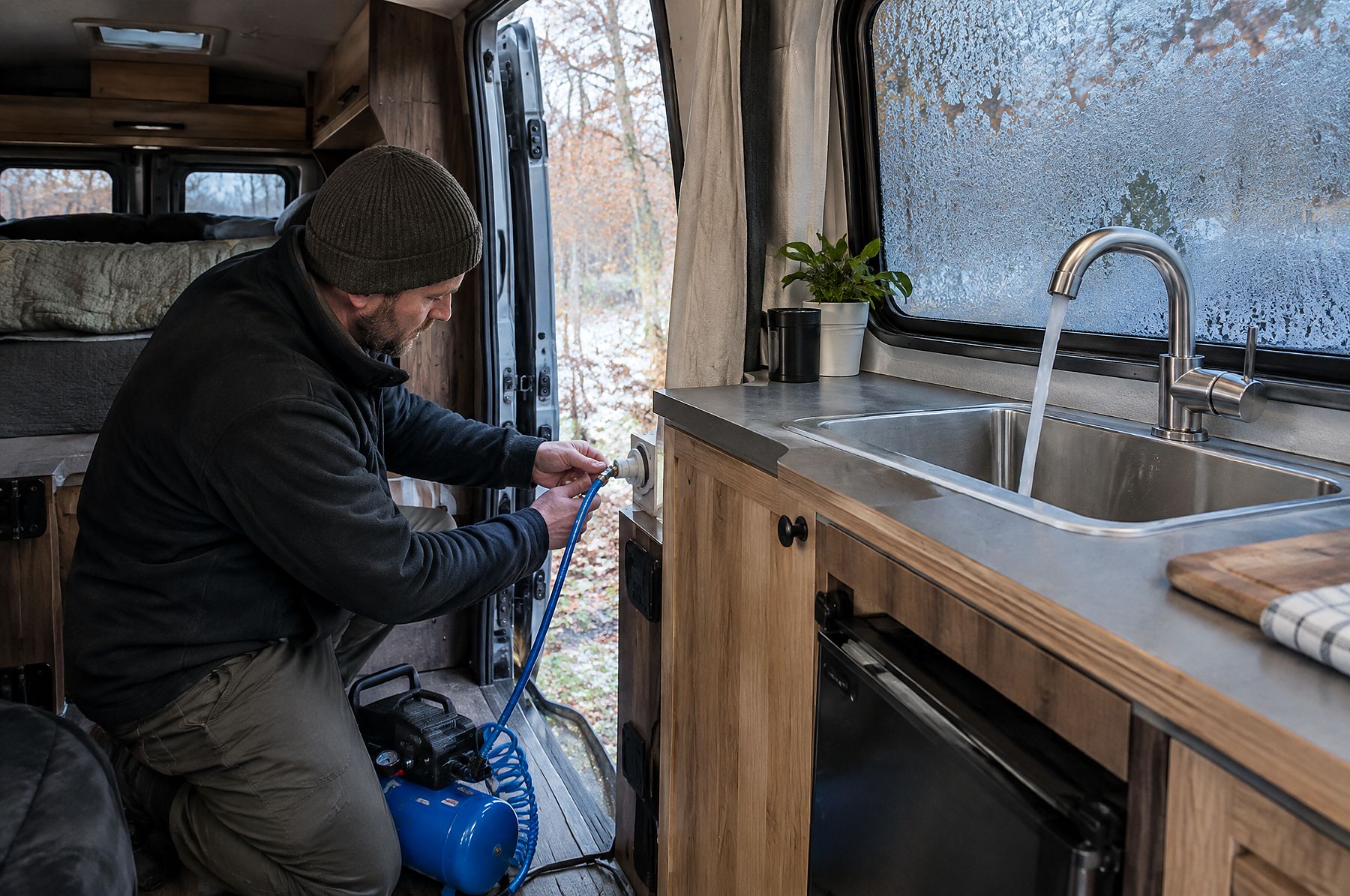 Blowing out the fresh water lines with a compressor