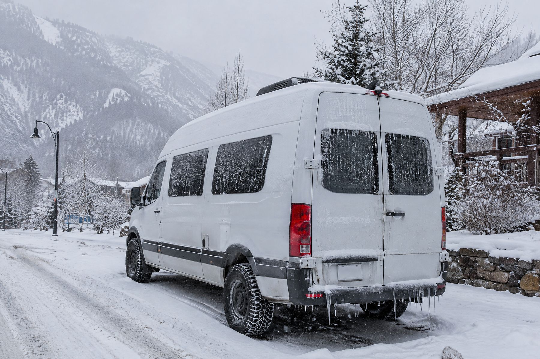 Camper van in a snowy mountain town