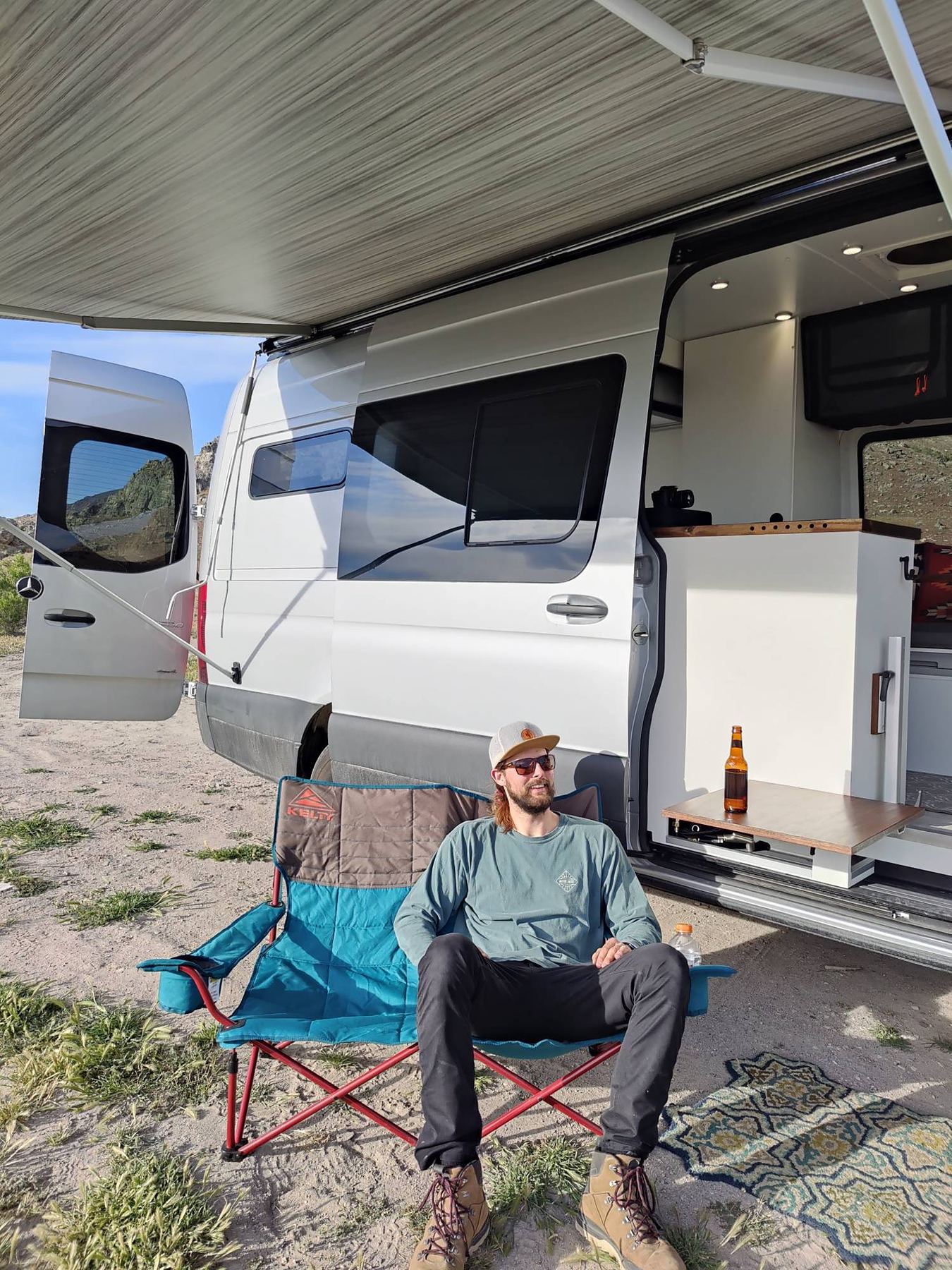 Under the awning at camp