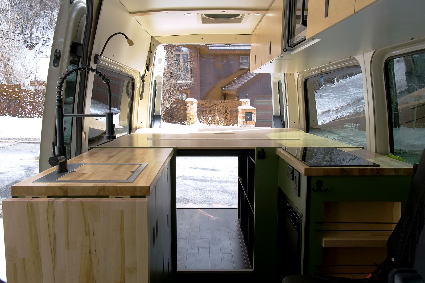 Maple butcher block galley and sink in a recent custom build